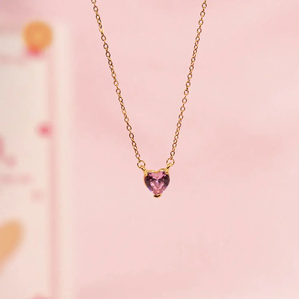 Pink Heart Dainty Necklace And Cupid'S Gem Earrings Set For Mother : NEC-251-G-PNK-3