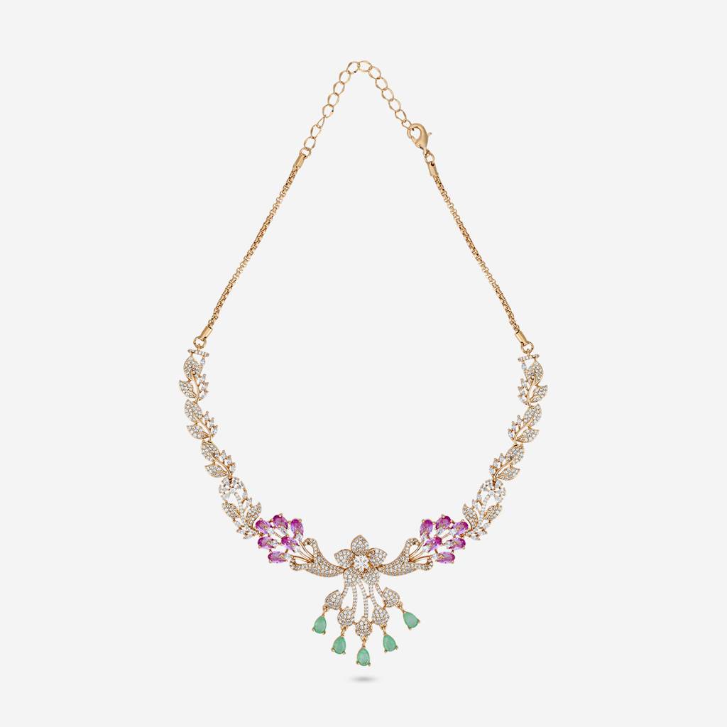 Pink-Mint Gold Rose - Plated Party Wear Zircon Necklace - 472271 : 472271