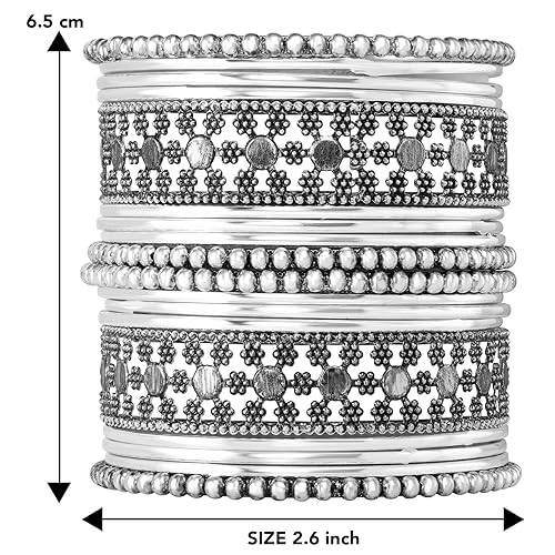 Traditional Silver Plated 2.6 Inch Metal Bangles Ethnic Fancy Stylish Fancy Jewellery Navratri Gift For Wome : PF34B1045S-S1-6