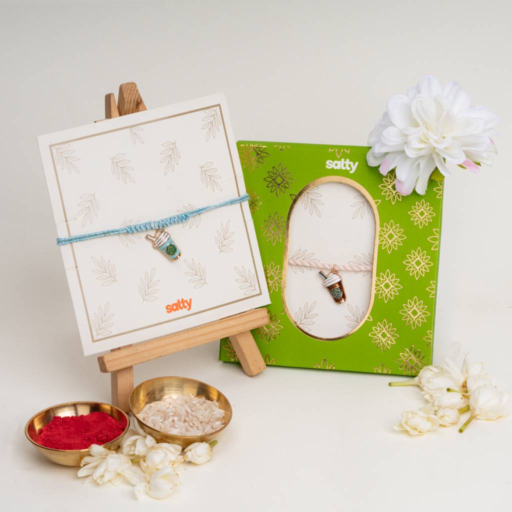 Enamel Coffee Blue And Coffee Pink Rakhi Bandhan Lumba Rakhi For Bhaiya And Bhabhi : BS14924-1224-LPK-BU-G-BB-SL-GR