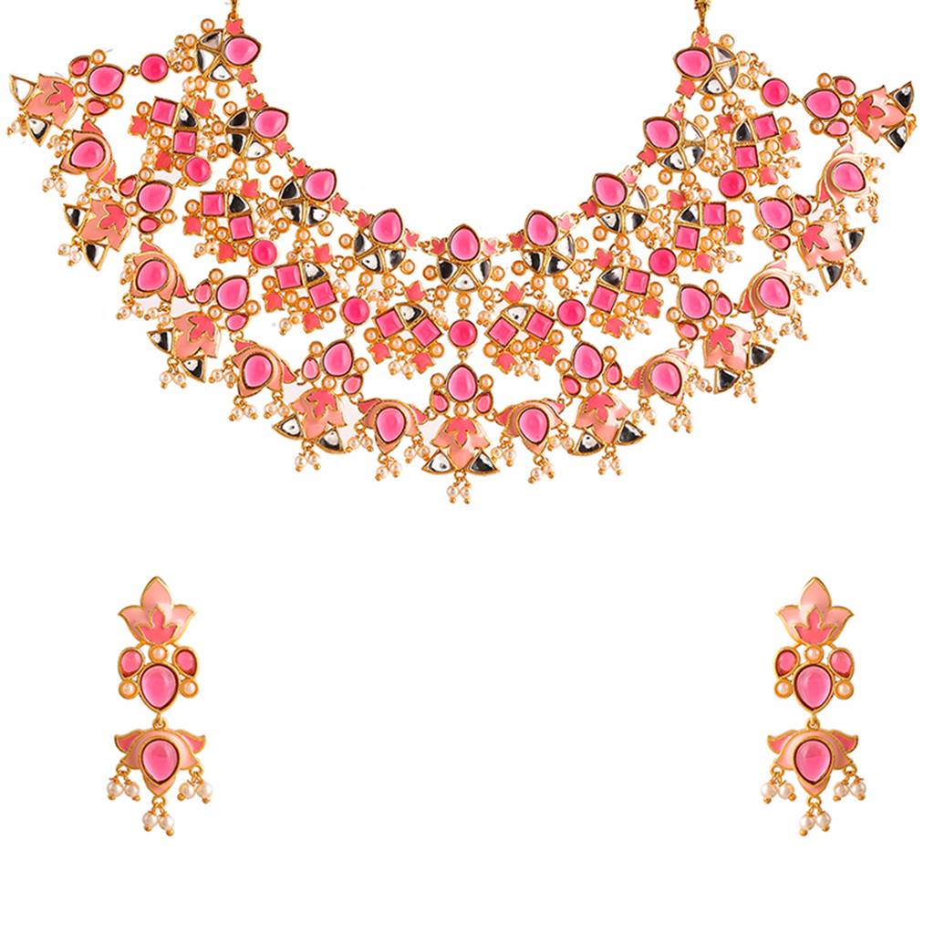 Forever More Pink Stones And Pearls Enamelled Luxurious Jewellery Set : 8905124498059