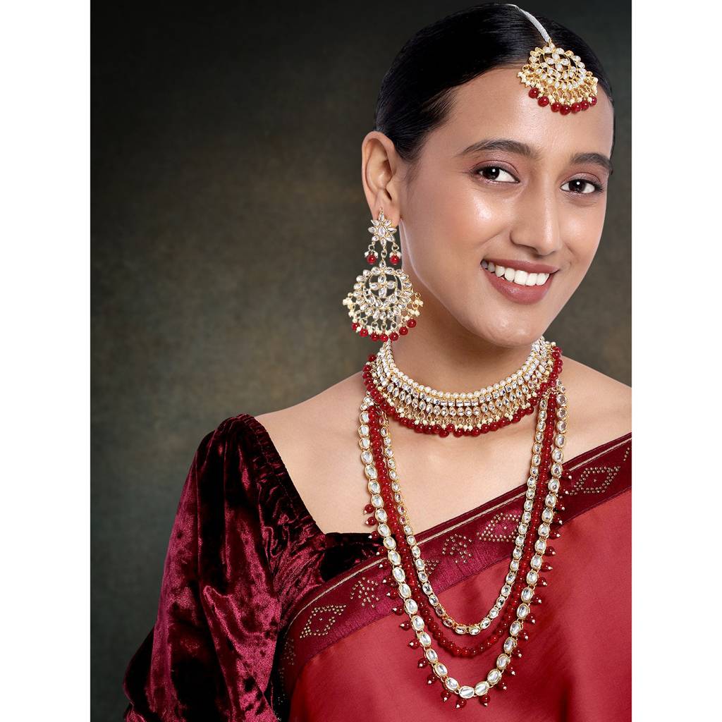 Peora Indian Traditional 18K Gold Plated Kundan Faux Bead Choker Long Necklace Earrings Maang Tikka Jewellery Bri : PF25BR001M