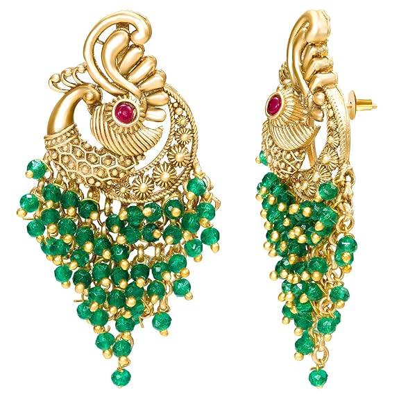 Green Ethnic Dangle Earrings For Women & Girls Gold Plated Faux Ruby & Beads Studded Festive Bridal Jewellery Bir : PF47E07GRN