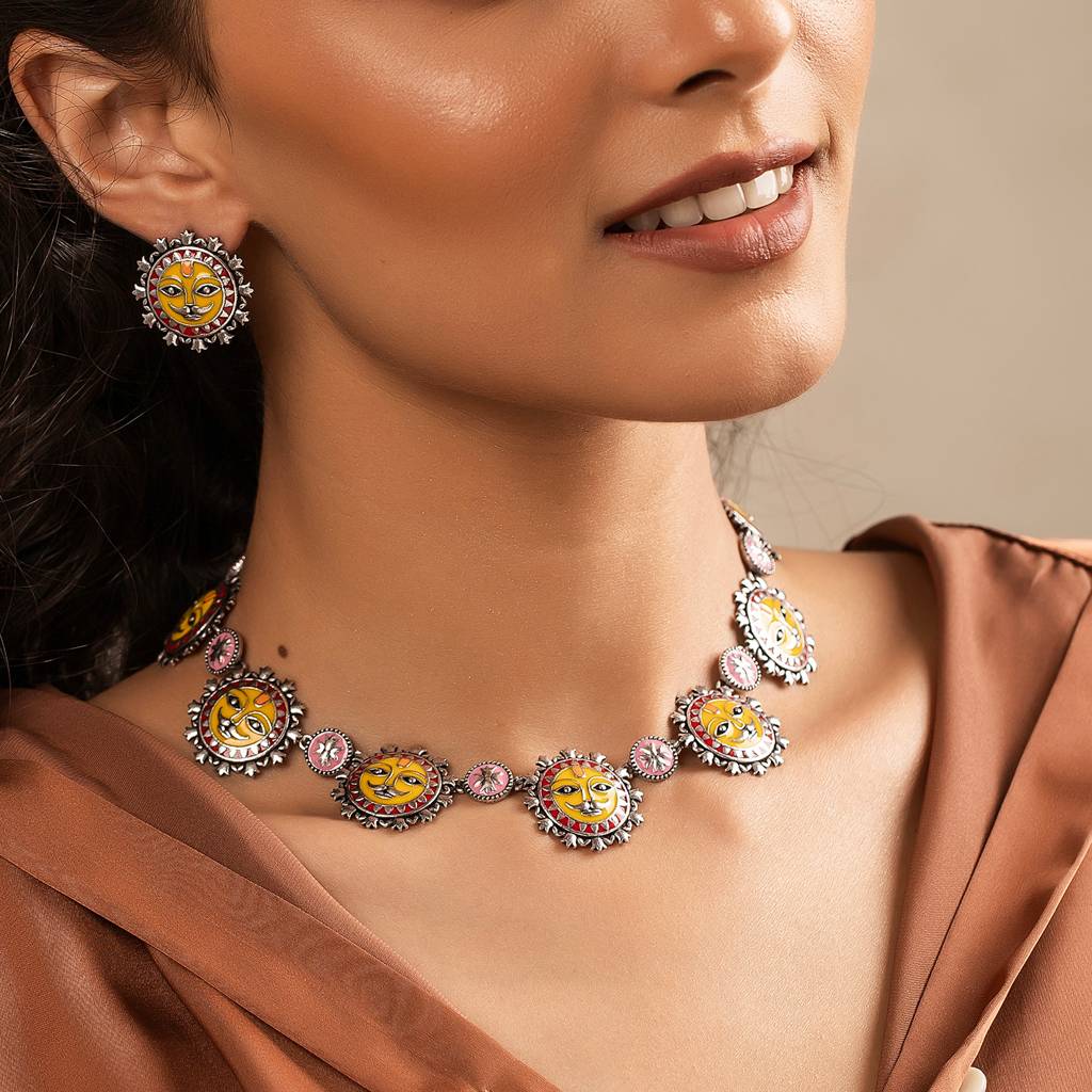 Madhubani Surya Sutra Oxidised Enamel Necklace Set : 8905124560770