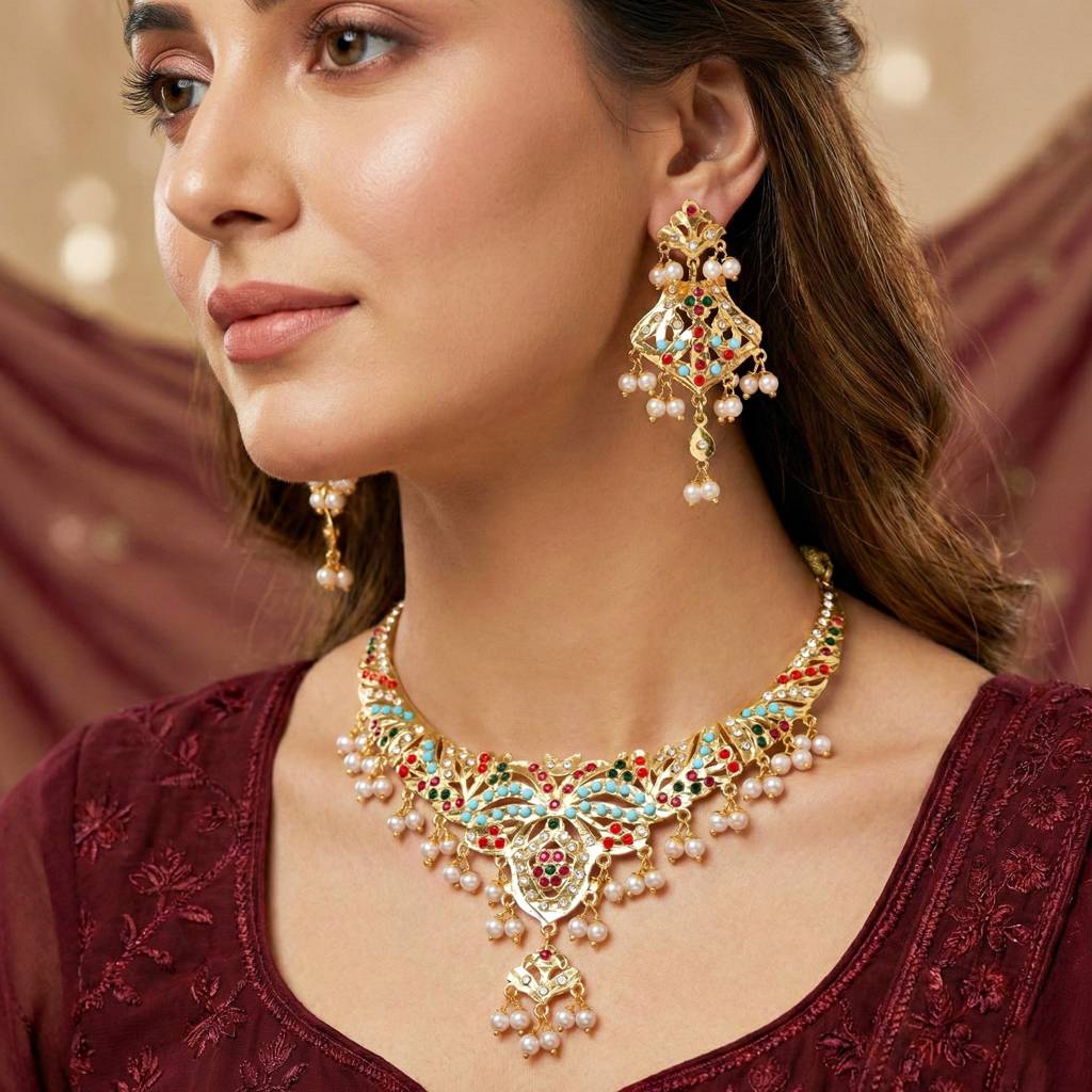 Gold Plated Necklace Set With Earrings | Multicolor Stone & Pearl Drops Traditional Bridal Jewellery For Women : 924-CSN-C575-MT