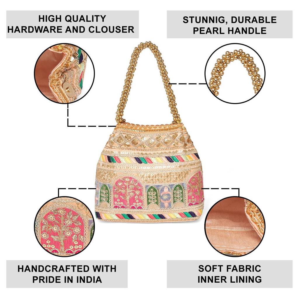 Embroidery Potli Bag For Women Handmade Wristlet Handbag Stylish Purse Ethnic Fashion Bag For Girls : P212PCH-L