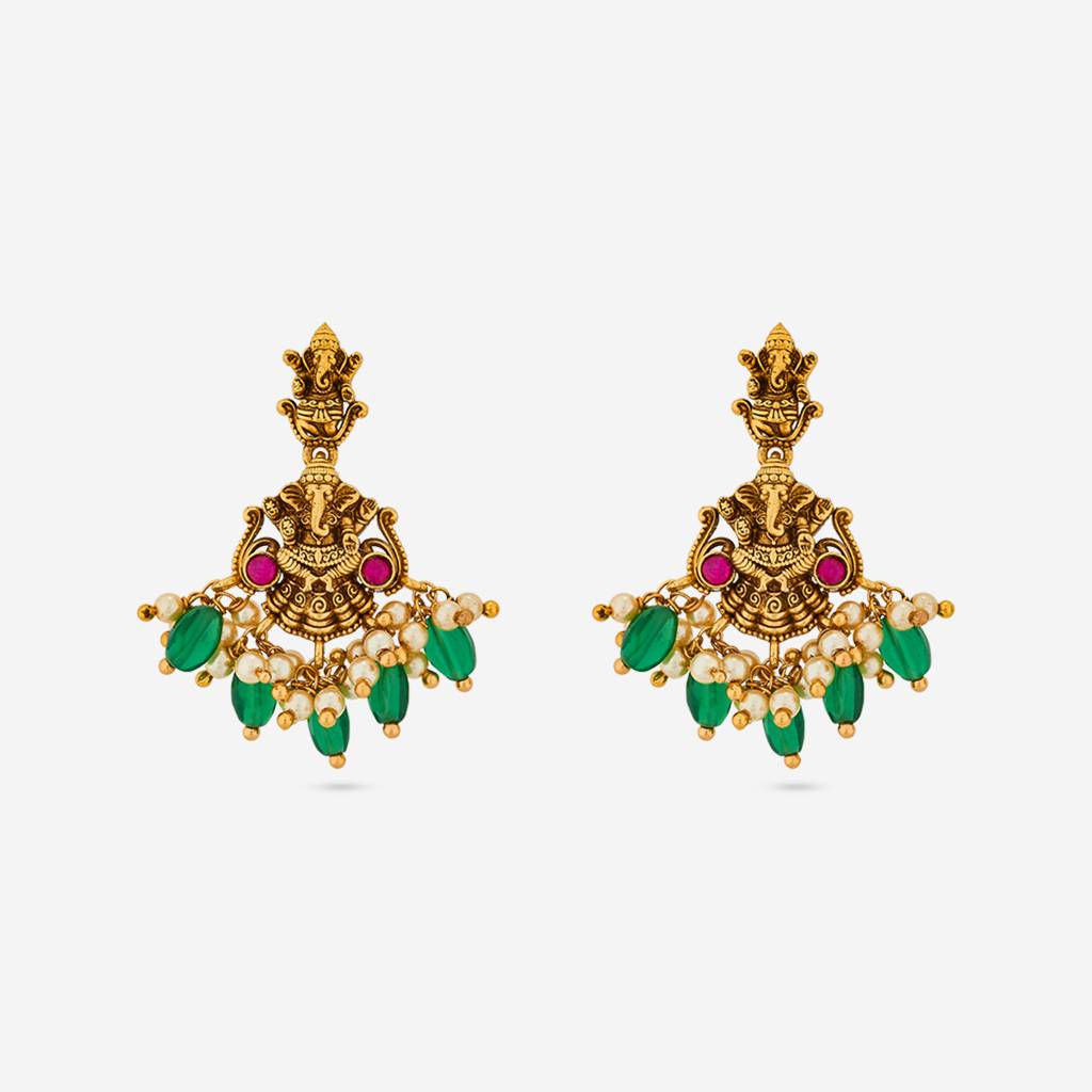 Ruby-Green Gold - Plated Festive Temple Earring - 452104 : 452104