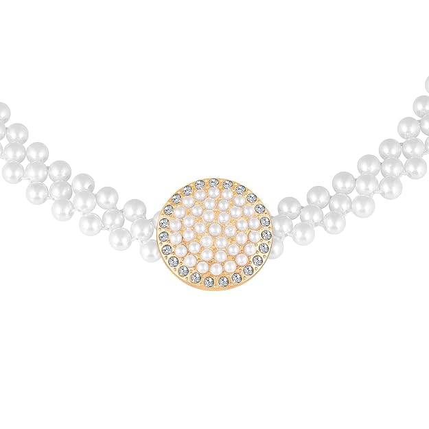 Cubic Zirconia & Pearl Studded Stylish Belly Chain Kamar Bandh Waist Belt Fashion Jewellery For Women : PX8BCH036
