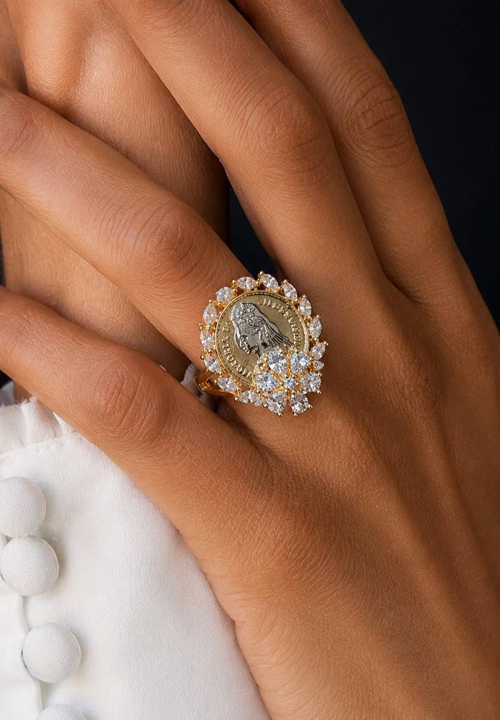 Gold Finish Ginni Gold Coin Adjustable Ring With Cz Diamonds For Women : 200022