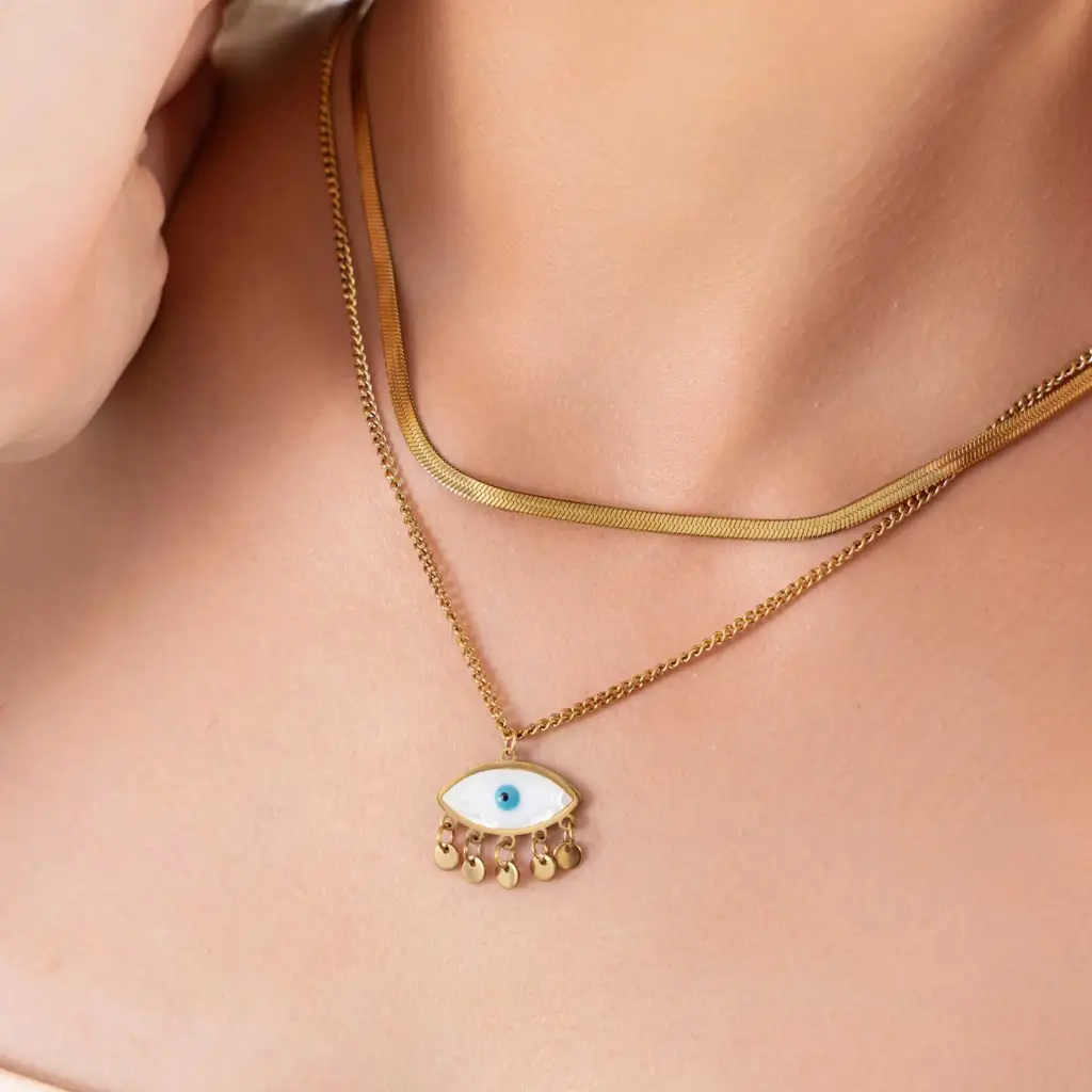 Evil Eye Herringbone Multilayer Necklace - 18K Gold Plated : PDMXJ015