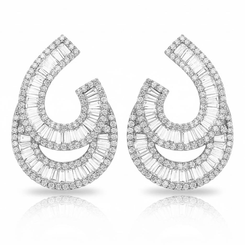 Silver Plated Cubic Zirconia & Baguette Stone Studded Fancy Stylish Stud Earrings Jewellery For Women & Girls : PX9E3141S