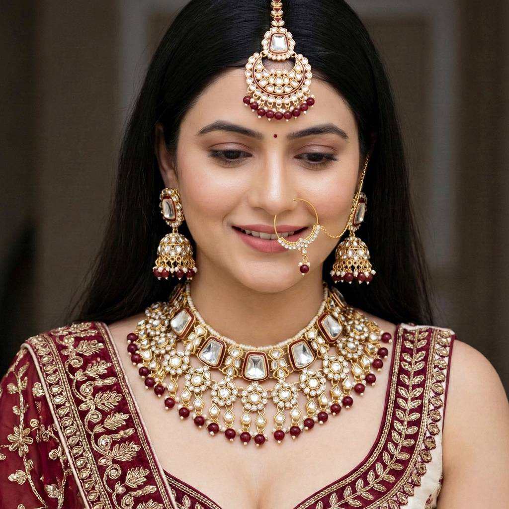 18 Kt Gold Plated Bridal & Semi-Bridal Necklace Set With Earrings, Maang Tikka & Nath : 2476-M8SK-1101-M