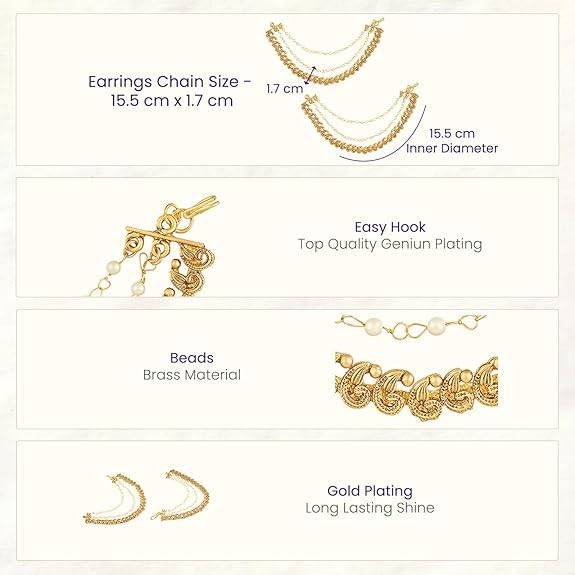 Ethnic Earring Chain For Women & Girls Gold Plated Beads Studded Bridal Occasion Kanchain Jewellery Birthday Anni : PF47EC06GW