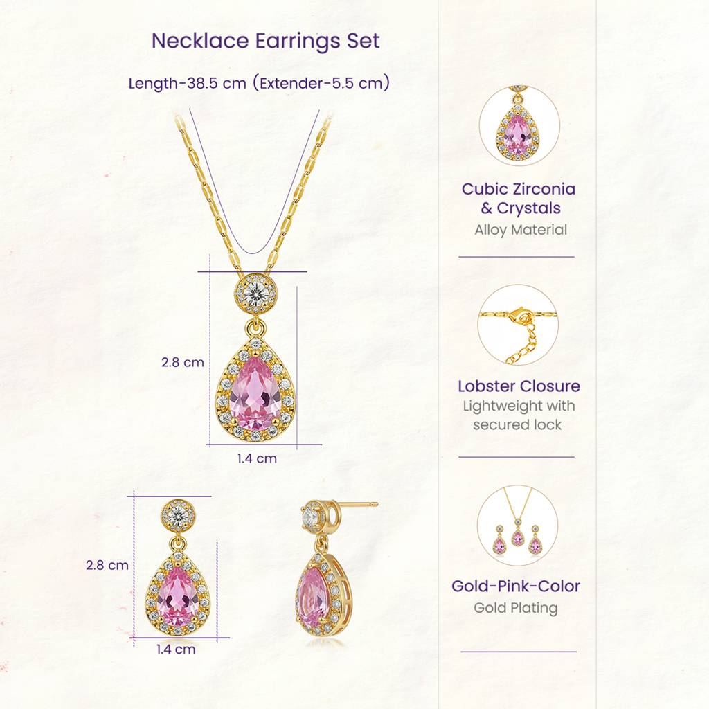 Pink Tear Drop Pendant Chain Necklace Earrings Set For Women & Girls | Gold Plated | Crystals & Cubic Zirconia St : PX9PS66GPK
