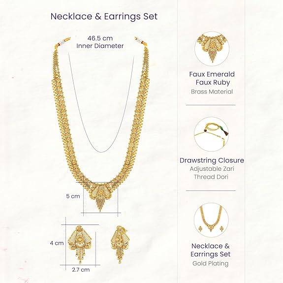 Ethnic Long Necklace Earrings For Women & Girls Gold Plated South Indian Traditional Temple Jewellery Birthday Anni : PF47N57G
