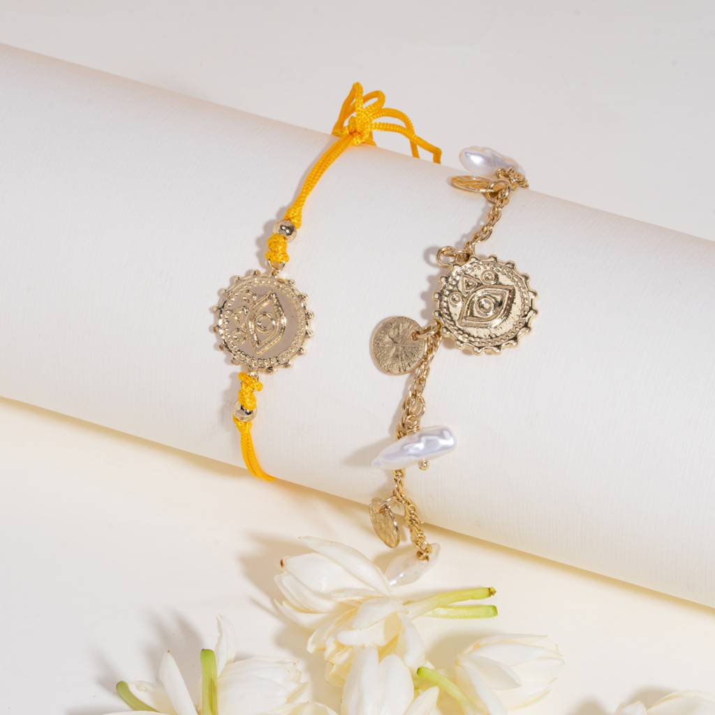 Pearl Evil Eye Gold And Yellow Rakhi Bandhan Lumba Rakhi For Bhaiya And Bhabhi : BS14928-1228-YL-G-WT-BB-SL-OR