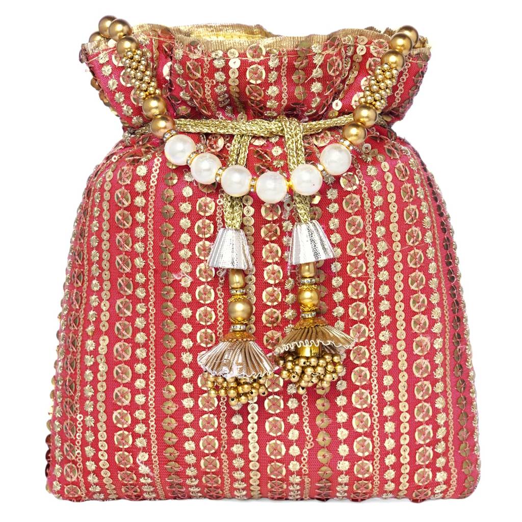 Potli Purse For Women Handmade Evening Handbag Stylish Bridal Fashion Wristlet Bag For Girls (P163G) : P163R