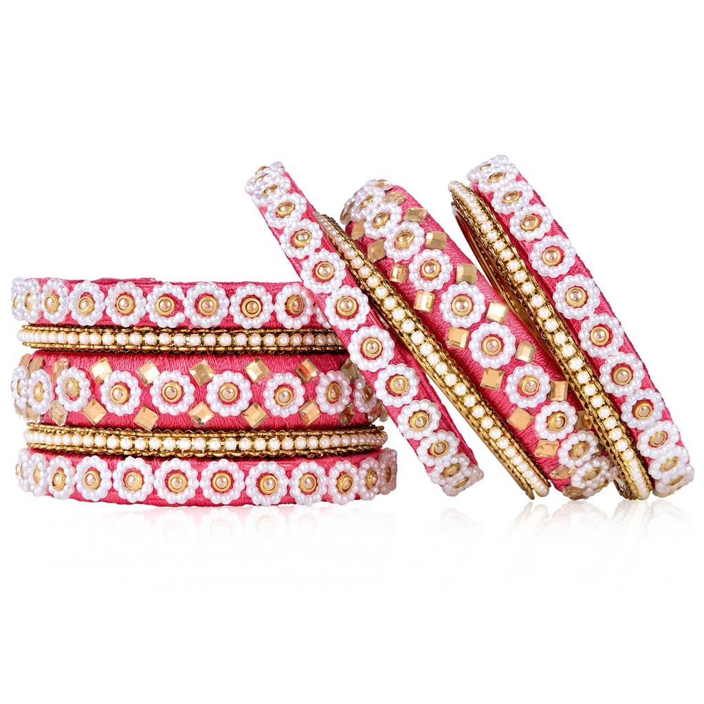 Ethnic Crystal Beads Studded Pink Chuda Bangle Set For Women : PF51B100PK