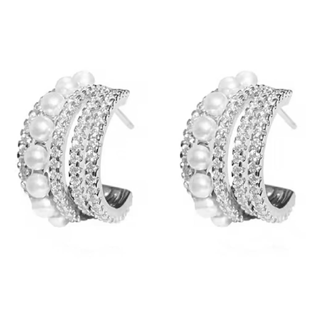 Silver Plated Cubic Zirconia & Pearl Studded Half Hoop Earrings Fancy Fashion Jewellery Gift For Women & Girls : PX9E3060W