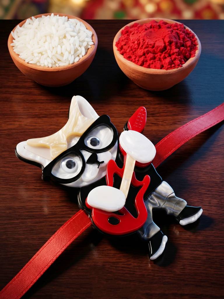 Kids Rakhi: Cute Rockstar Cat Playing Guitar Acrylic Charm On Red Ribbon, Roli, Chawal & Card (440-Chr1 : 440-CHR1-1192-1-2026