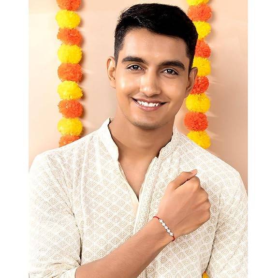 Mens 925 Sterling Silver Pearls Studded Rakhi For Brother Bhaiya|Red Thread|Raksha Bandhan Hamper With Roli Chawal &  : R18S13