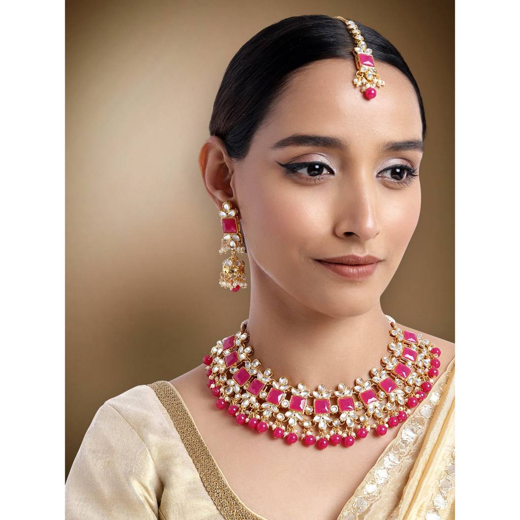 Peora Gold Plated Kundan Pearl Choker Necklace Earrings Maang Tikka Set Ethnic Jewellery For Girls & Women (Rani P : PF24N13RP