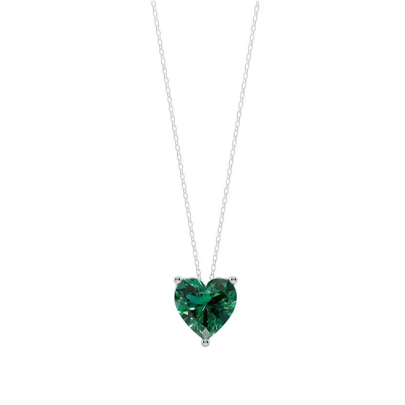 Green Heart Solitaire Semi Silver Pendant Necklace : HERT-GRN-10-SM-W
