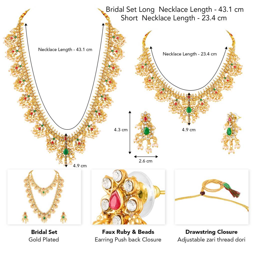 Gold Plated Faux Emerald Faux Ruby & Beads Studded Choker & Long Necklace Earrings Set Ethnic Bridal Jewellery F : PF47BR07RPG