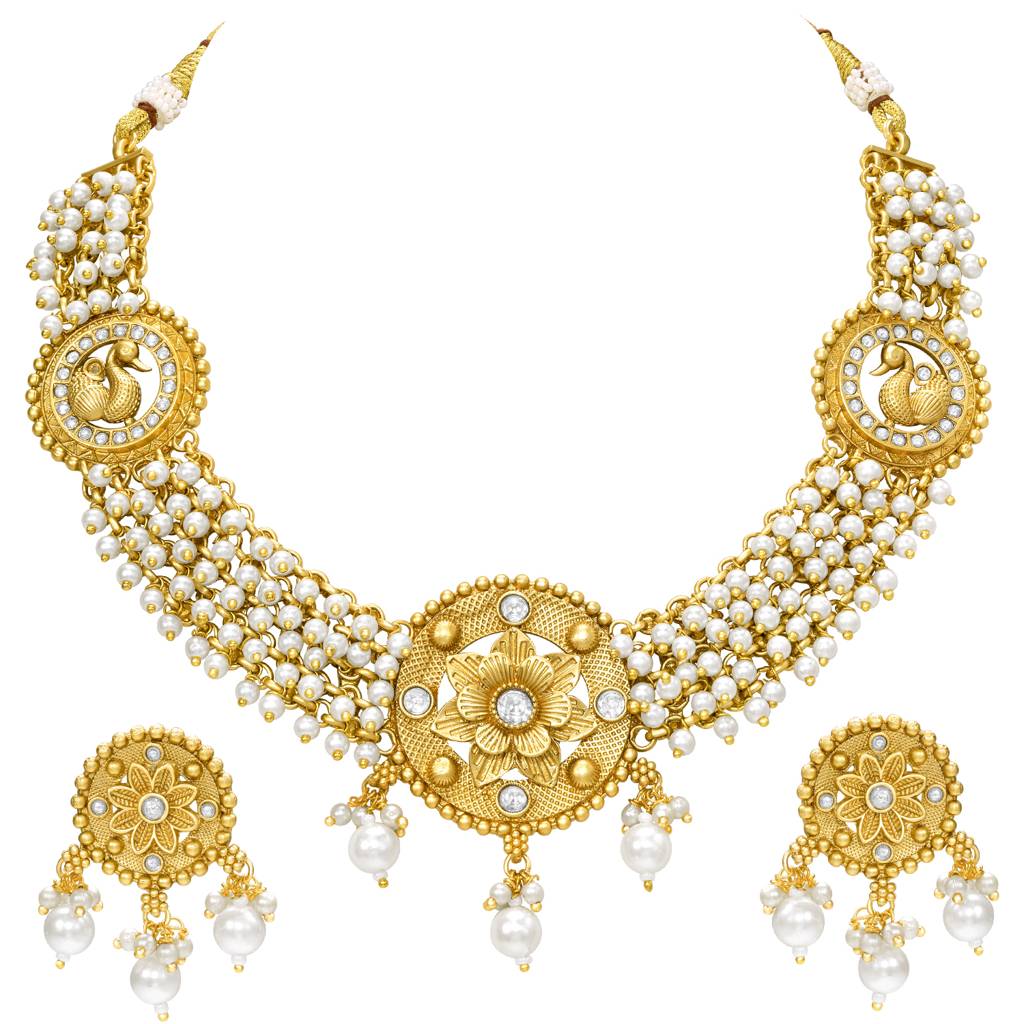 Women'S Gold Plated Ethnic Necklace Earrings Set Beads & Cubic Zirconia Studded Festive & Bridal Jewellery Anniver : PF104N27G