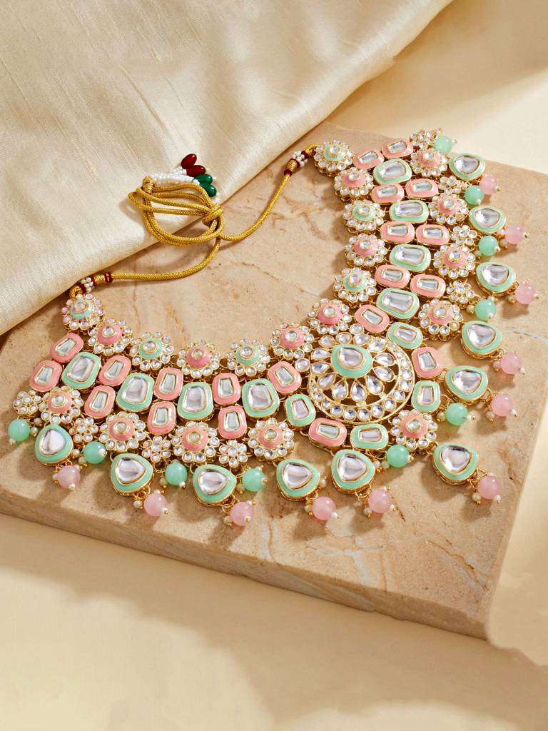 Bridal Kundan Jewellery Set With Hathphool & Nath : 2541-IZK-554-PKMNT