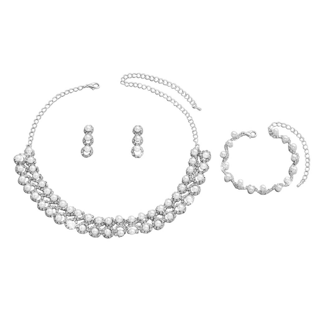 Silver Plated Cubic Zirconia & Pearl Studded Necklace Earrings & Bracelet Set Fancy Jewellery For Women & Girls : PX9N116