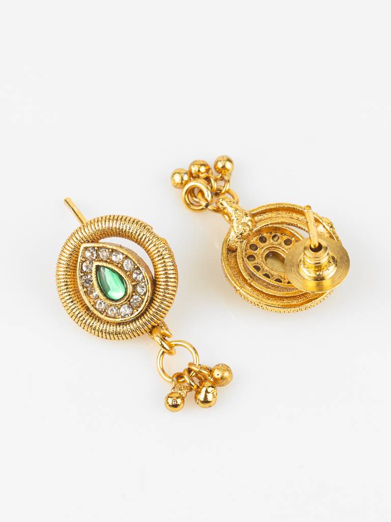 Gold-Plated Teardrop Stone Necklace Set For Women | Green & Pink Ethnic Jewellery With Earrings | Bridal & Festive Wear : NK4807