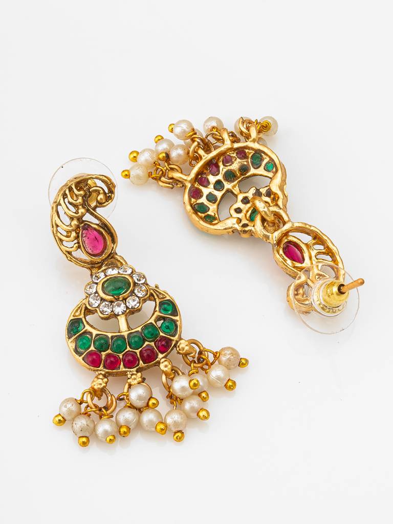 Wedding Special Antique Gold-Plated Peacock Choker Necklace Set With Chandbali Earrings In Emerald And Pearl : NK4206