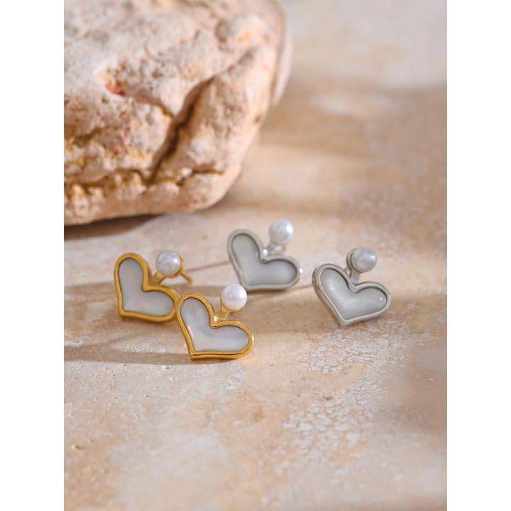 Pearla Heart Pearl Stud Earrings - Gold | 18K Gold Plated | Waterproof, Hypoallergenic & Anti-Tarnish : DSVDJY05250425