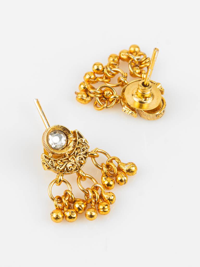Gold-Plated Traditional Jhumka Necklace Set For Women | White Stone Ethnic Jewellery With Earrings | Bridal & Festive : NK4802