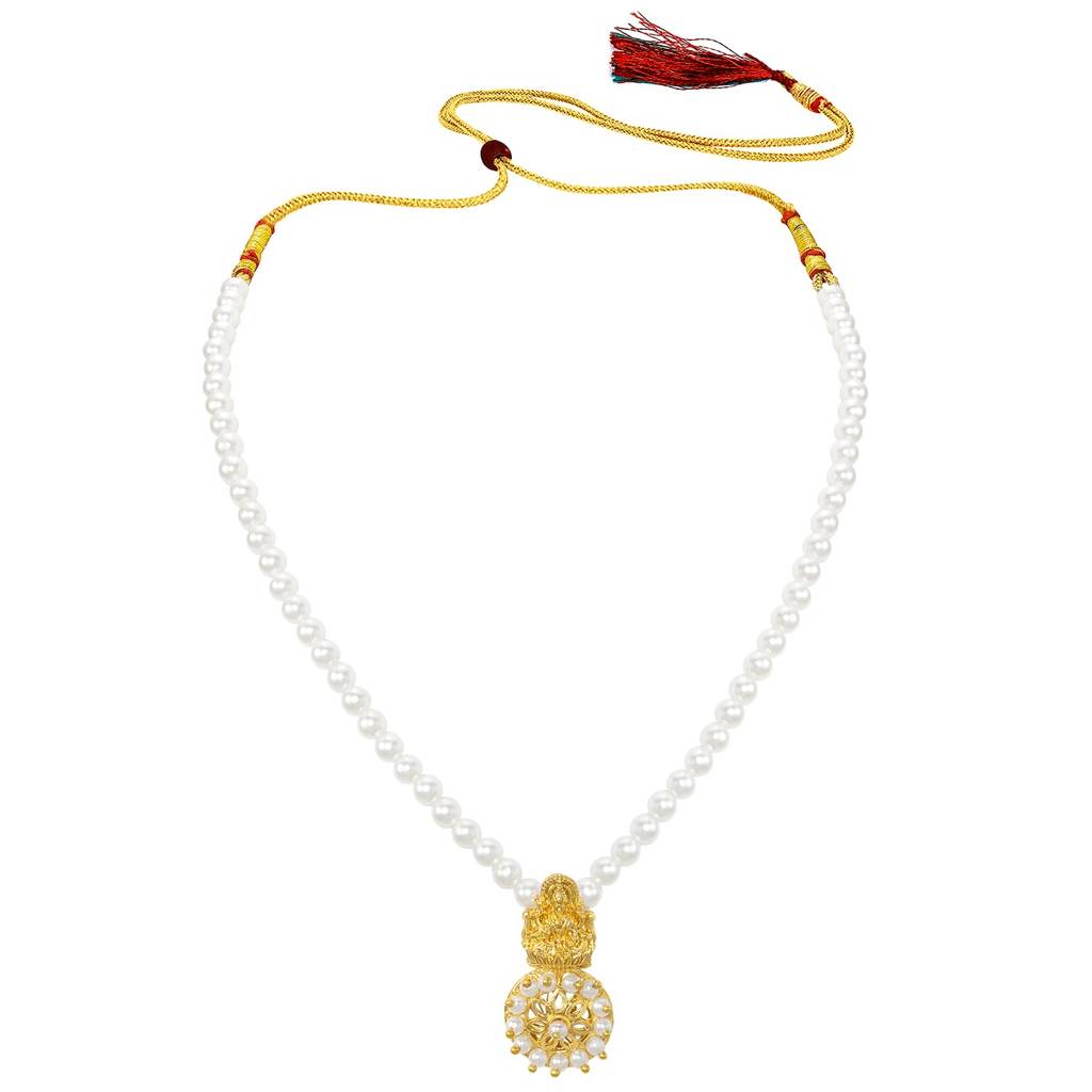Gold Plated White Beads Laxmi Motif Ethnic Pendant Necklace For Women | Festive & Bridal Jewellery, Anniversary Bir : PF04N41W