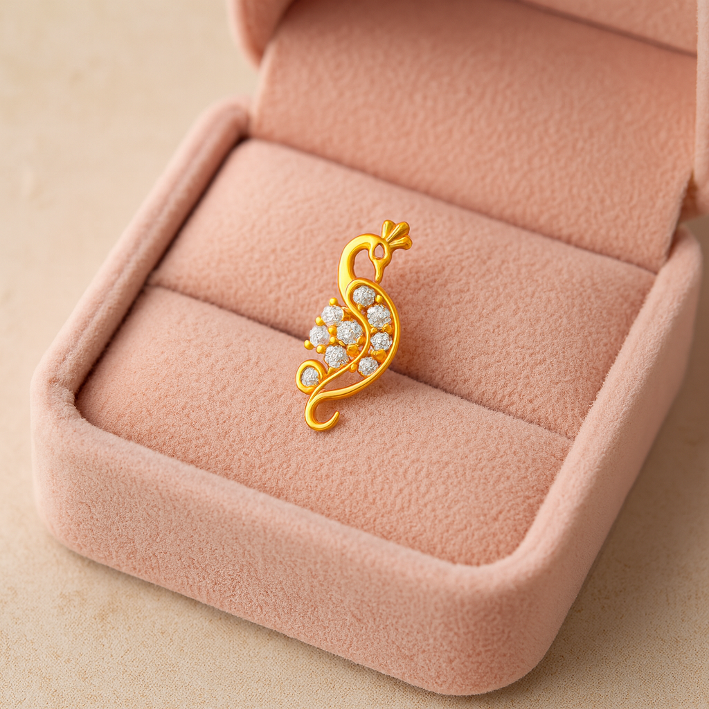 White Cz Peacock Motif Nose Pin 925 Sterling Silver Gold Plated : NP-0022-N-1-snp-0033