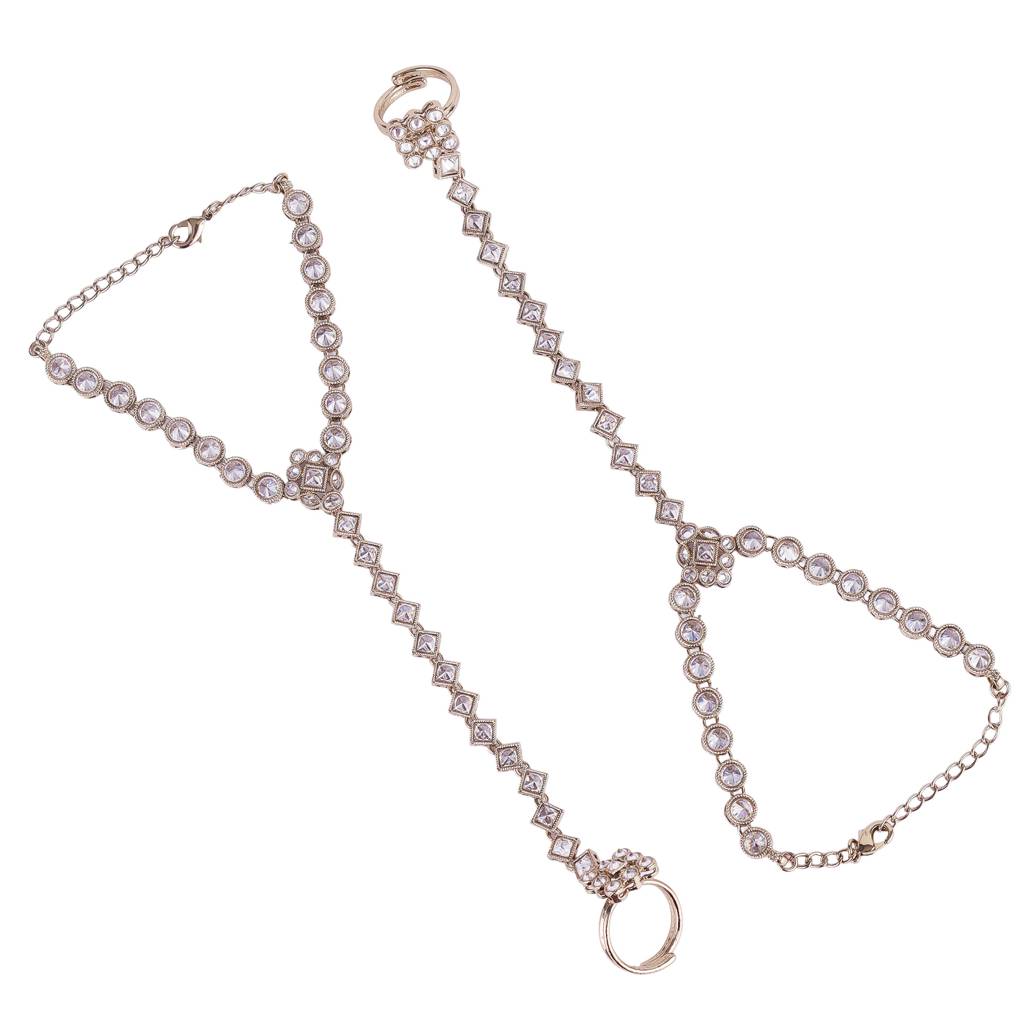 Traditional Round And Rectangle Shape Gold Plated Set Of 2 Adjustable Hathphool(Panja) For Women : 6HP44_MD