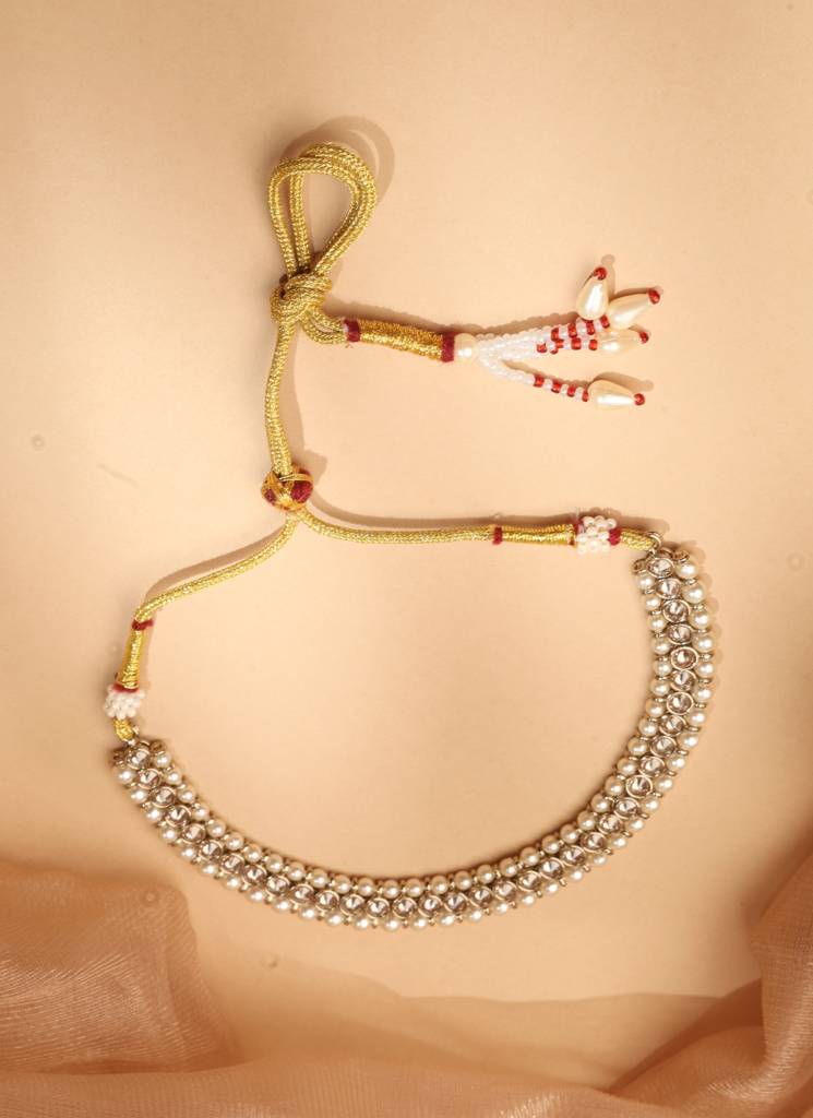Lavish Flower And Round Shape Brown Kundan Pearl Antique Gold Plated Choker Necklace With Maang Tikka For Women : 6NS130_Brown