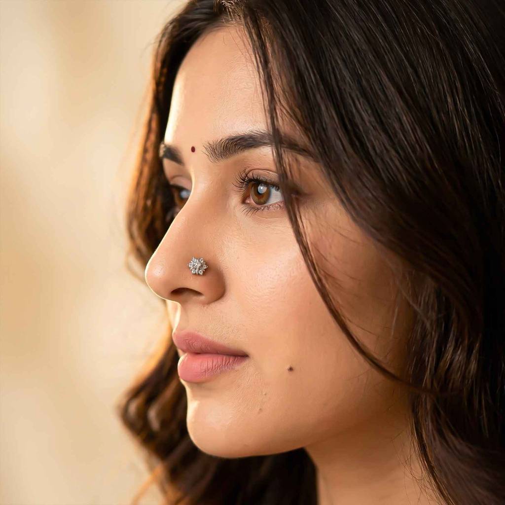 Silver Floral Cluster Cz Nose Pin For Women : ZLNSP-1004