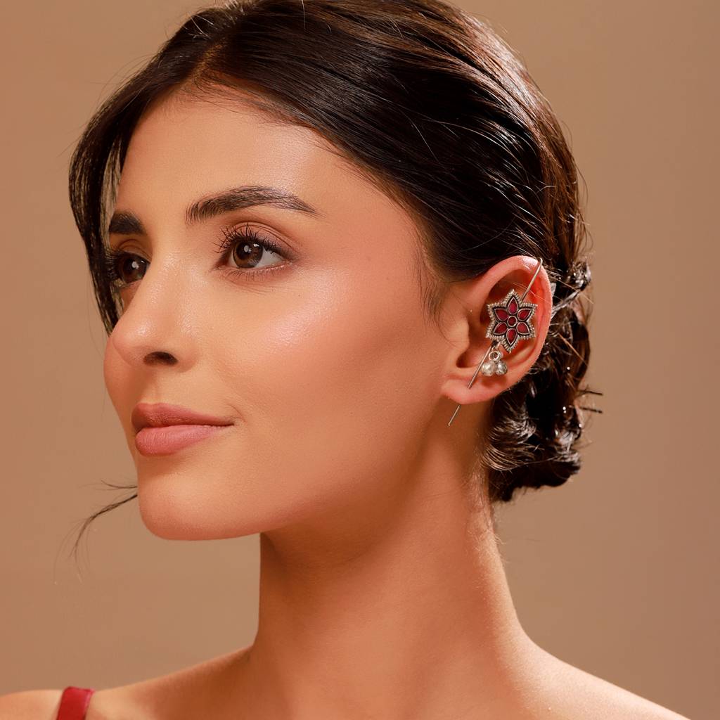 Pink Floral Oxidised Ear Cuffs - Antique Elegance : 8905124582468