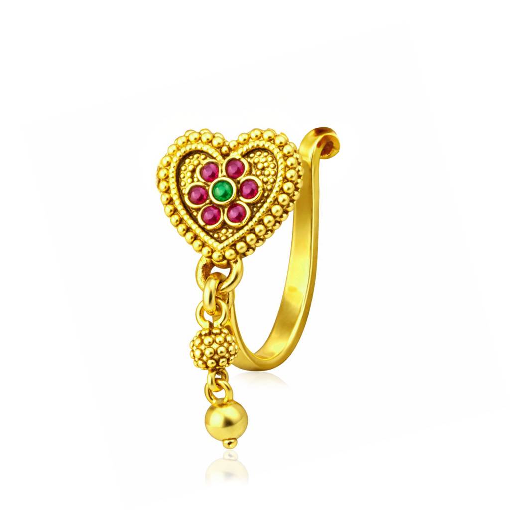 Floral Ruby & Green Stone Heart Clip-On Nose Pin 925 Sterling Silver Yellow Plated : CNP-0033