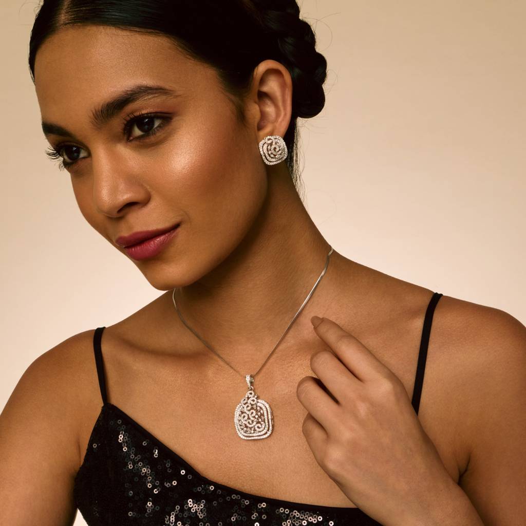White Rodium - Plated Party Wear Zircon Pendant Set - 458710 : 458710