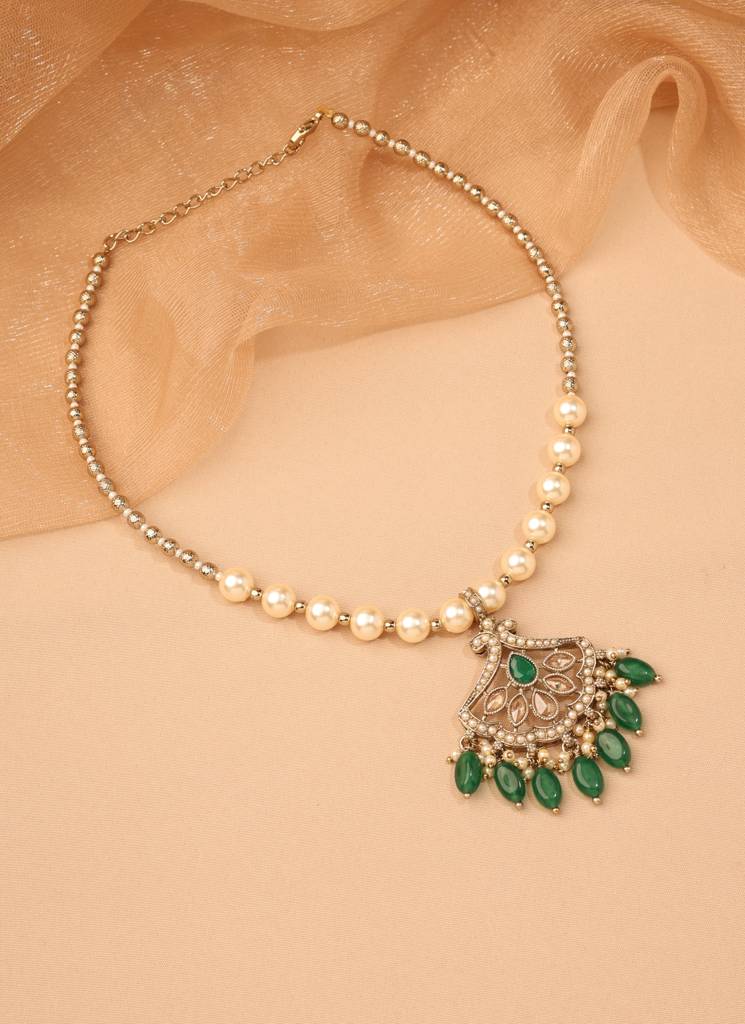 Trendy Flower Design Small Golden Balls And Pearl Antique Gold Plated Choker Necklace Mala Set For Women And Girls : 6ML46_GREEN