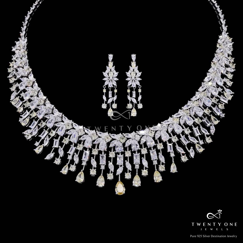 925 Silver Yellow Diamond Bridal Necklace Set With Matching Earrings | Luxury Cocktail Cz Wedding Jewellery Set Fo : TNS9112_2
