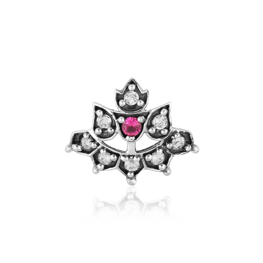 Ruby Pink & White Cz Stones Lotus Nose Pin - 925 Oxidized Sterling Silver : NP-00037_925S_OX_RBGF