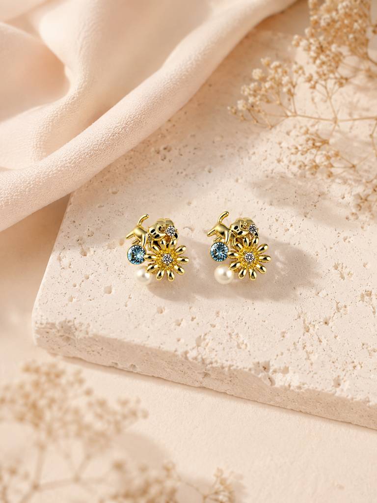 Water-Resistant Floral Pearl Stud Earrings In 18K Gold Plating : AN-VM-GO-0137-DE