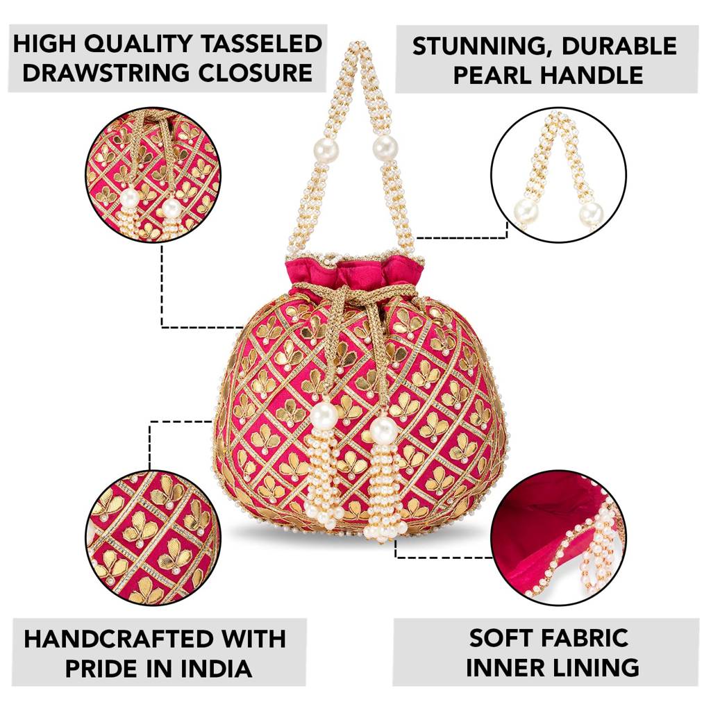 Embroidered Potli Bag For Women Handmade Ethnic Purse Evening Handbags Stylish Bridal Fashion Clutch Bag Gift For Girl : P09RP