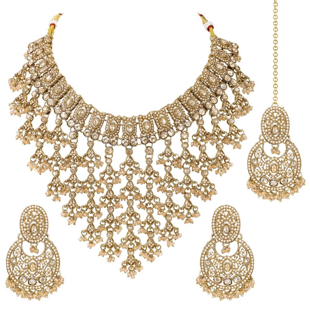 Champagne Crystals Studded Necklace Earrings Maangtikka Set For Women : PF09N559LCT