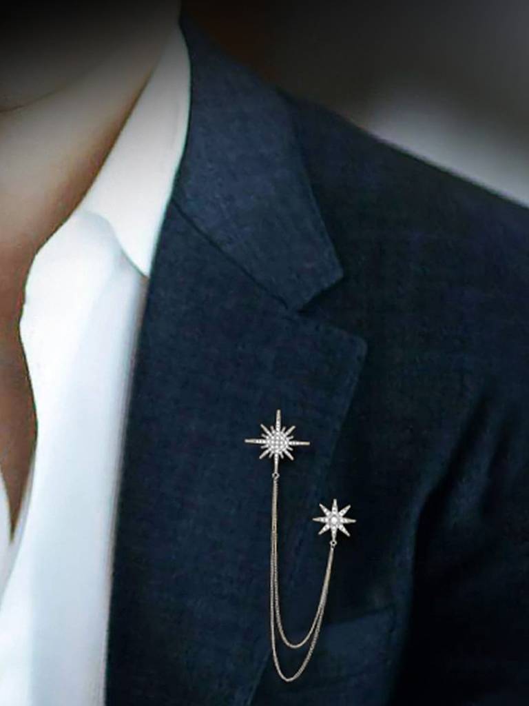 Peora Silver Plated Cubic Zirconia Studded Star Double Chain Pin Brooch Stylish Jewellery For Men : PX9BH05S